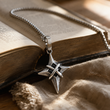 Vintage North Star Men Stainless Steel Necklace, Wrapped Cross Black CZ 4‑Point Star Pendant With Box Chain