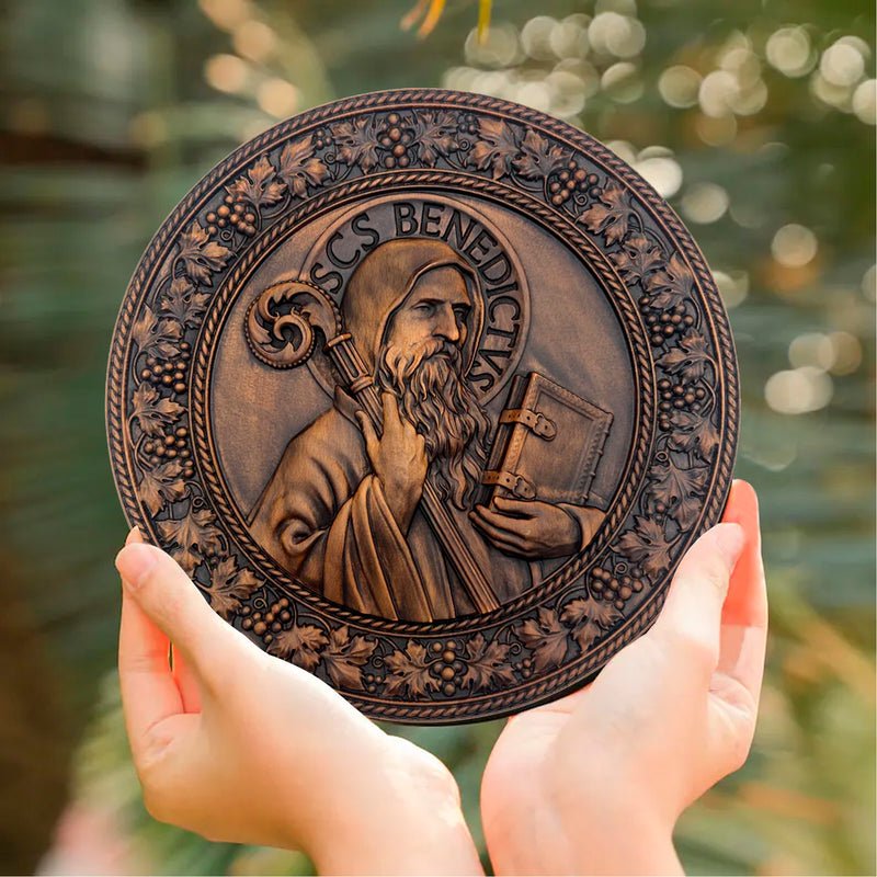 Saint Benedict religious icon, natural wood carved wall decoration