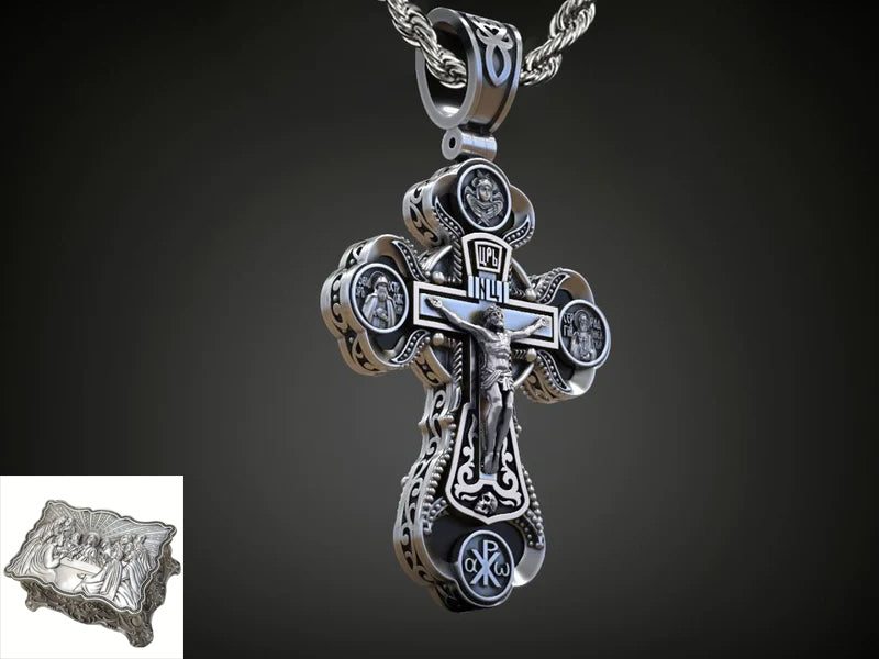 Jesus Virgin Mary Trinity Double Sided Engraved S925K Silver Cross Necklace