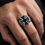 3D Raised Black Enamel Maltese Cross Stainless Steel Mens Ring