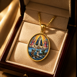 3D Raised Color Enamel Our Lady of Charity Oval Gold Stainless Steel Necklace