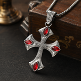 Vintage Red Zircon Cross Pendant Necklace, Religious Faith Men’s Necklace
