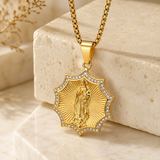Gold Octagonal Star CZ Our Lady of Guadalupe Necklace, 3D Embossed Radiant Titanium Steel Religious Pendant Box Chain for Men