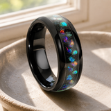 Black Tungsten Ring with Crushed Opal Inlay, 8mm Galaxy Star Dome Band, Meteorite Texture Wedding Band, Unique Promise Ring Gift for Men & Women