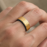Two-Tone Hammered Titanium Steel Ring, Gold Exterior & Blue Inner Band, 8mm Wide Comfort Fit Wedding Band, Unique Promise Ring for Men