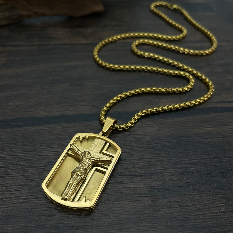 Mens gold color Lord's Prayer & Crucifix Jesus Piece Christ Dog Tag Pendant 24"inch Miami Cuban Chain Hip Hop Necklace