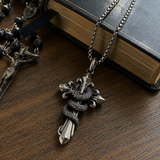 S925 Silver Serpent Cross Pendant Necklace with Green Gemstone