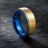 Two-Tone Hammered Titanium Steel Ring, Gold Exterior & Blue Inner Band, 8mm Wide Comfort Fit Wedding Band, Unique Promise Ring for Men