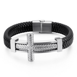 Wheat‑Textured Cross Titanium Steel Braided Leather Men’s Bracelet