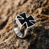 3D Raised Black Enamel Maltese Cross Stainless Steel Mens Ring