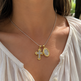 Gold-Tone Copper Zircon Cross & Miraculous Medal Double Pendant Necklace – Christian Faith Jewelry
