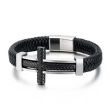 Wheat‑Textured Cross Titanium Steel Braided Leather Men’s Bracelet
