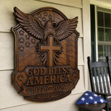 God Bless America Wooden Wall Plaque – Hand-Carved Beechwood Eagle Cross Decor, 1776–2026 250th Anniversary