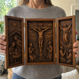 The Life of Christ Hand-Carved Beechwood Triptych – From Nativity to Resurrection Glory - craftsmanship detail