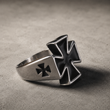3D Raised Black Enamel Maltese Cross Stainless Steel Mens Ring