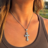 Full Inlaid CZ Gothic Fleur-de-lis Cross Stainless Steel Necklace