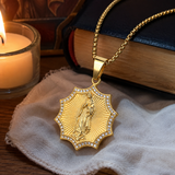 Gold Octagonal Star CZ Our Lady of Guadalupe Necklace, 3D Embossed Radiant Titanium Steel Religious Pendant Box Chain for Men