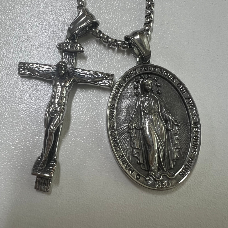 Jesus Cross and Virgin Mary Combination Necklace Pendant