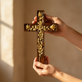 Hand-Carved Rose Cross Wall Art ✝️🌹 | Solid Beechwood Christian Decor with Golden Flowers