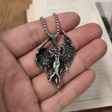 Vintage Archangel Stainless Steel Necklace, 3D Embossed Angel Pendant Box Chain for Men