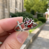 Sacred Heart of Jesus Thorn Flame Cross Adjustable Open Ring - craftsmanship detail