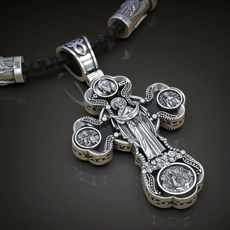 Jesus Virgin Mary Trinity Double Sided Engraved S925K Silver Cross Necklace - BGCOPPER