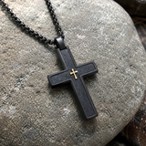 Two-Tone Bevel Edge Carbon Fiber Textured Inlaid Tiny Cross Stainless Steel Necklace