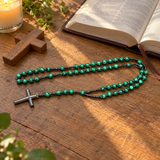 Green Malachite-Style Bead Christian Cross Prayer Rosary Necklac