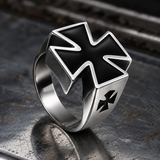 3D Raised Black Enamel Maltese Cross Stainless Steel Mens Ring