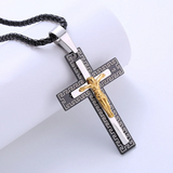 Vintage Greek Key Border Two Tone 3D Crucifix Stainless Steel Necklace