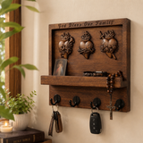 Hand-Carved Sacred Hearts Wooden Key Holder – God Bless Our Family Wall Organizer