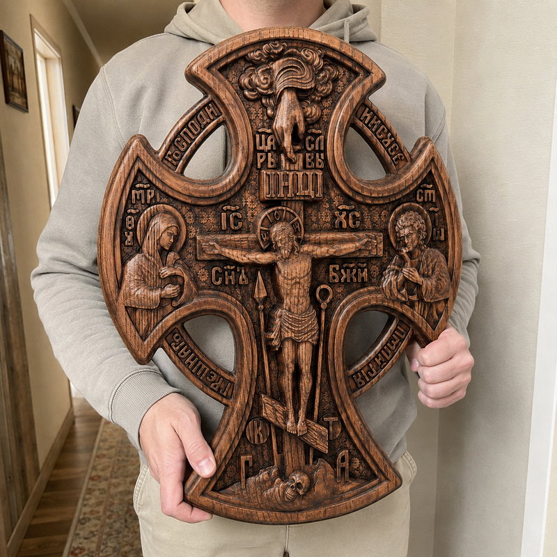 Hand-carved beechwood Hand of Redemption Crucifix devotional display
