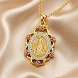 Two‑Tone Rose Virgin Mary Necklace, Vintage Zircon Religious Pendant for Women