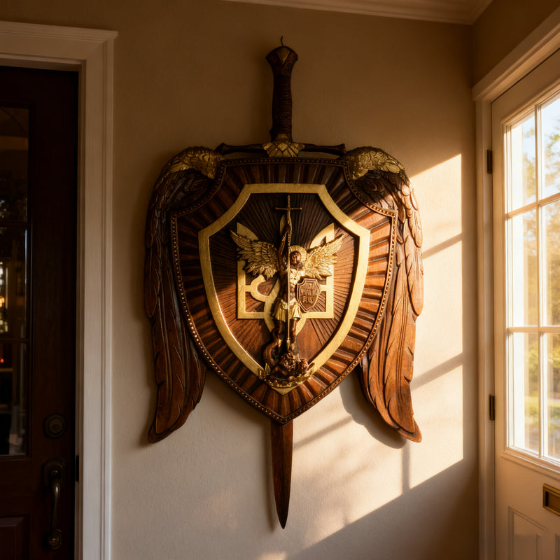 Archangel Michael Sword & Shield Wall Plaque - Divine Protection in Spiritual Warfare