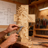 Handcrafted Beechwood Cross: Jesus with the Crown of Thorns