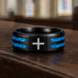 Black Polished Blue Opal Inlay Laser Engraved Cross Stainless Steel Ring for daily faith wear and Christian gifting