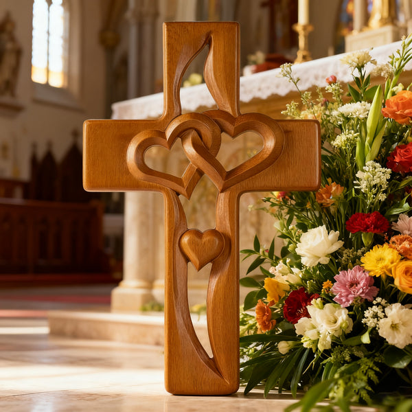 Interwoven Hearts Wood Cross - A God-Centered Symbol for Marriage & Anniversaries