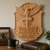God Bless America Wooden Wall Plaque – Hand-Carved Beechwood Eagle Cross Decor, 1776–2026 250th Anniversary