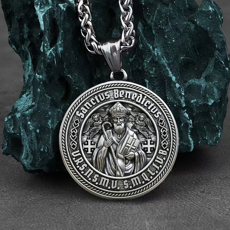 St. Benedict S925K Silver Double-Sided Engraved Amulet Pendant