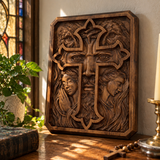 Lion of Judah Holy Cross – Hand-Carved Wooden Christian Wall Plaque