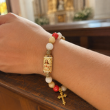 Chalcedony Cross Beaded Bracelet, Vintage Religious Printed Tube Bead Faith Jewelry for Women