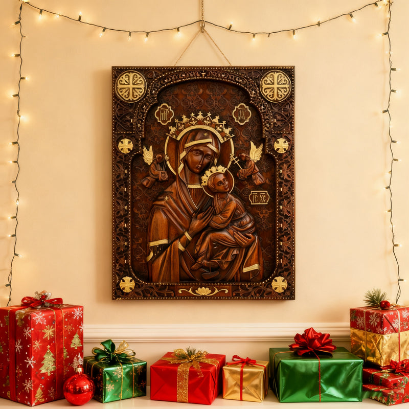 Our Lady of Perpetual Help Wood Art - Hand-Carved Catholic Gift - Mother Mary Comfort Figure