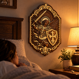 St. Michael Archangel Hand-Carved Wooden Wall Plaque – Sword & Shield of Divine Protection