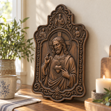 Sacred Heart of Jesus Hand-Carved Beechwood Plaque – Catholic Prayer, Home Blessing & Faith Gift