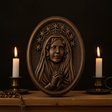 Our Lady in Tears and Prayer with a Nine-Star Halo — Hand-Carved Beechwood Statue