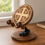 Beechwood Saint Benedict Cross Phone Stand – Foldable Adjustable Christian Desk Holder