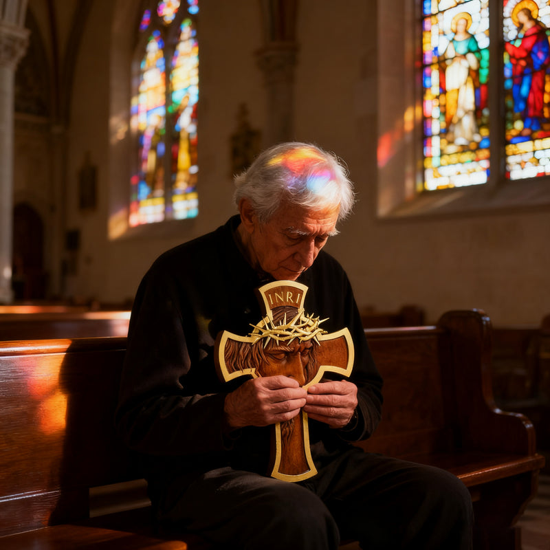 Sacred Thorn Crown Wooden Cross ✝️ | Hand-Carved Beechwood Crucifix with Crown of Thorns
