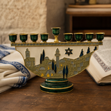 Jerusalem Skyline Hanukkah Menorah – Cloisonné Enamel Judaica Candle Holder