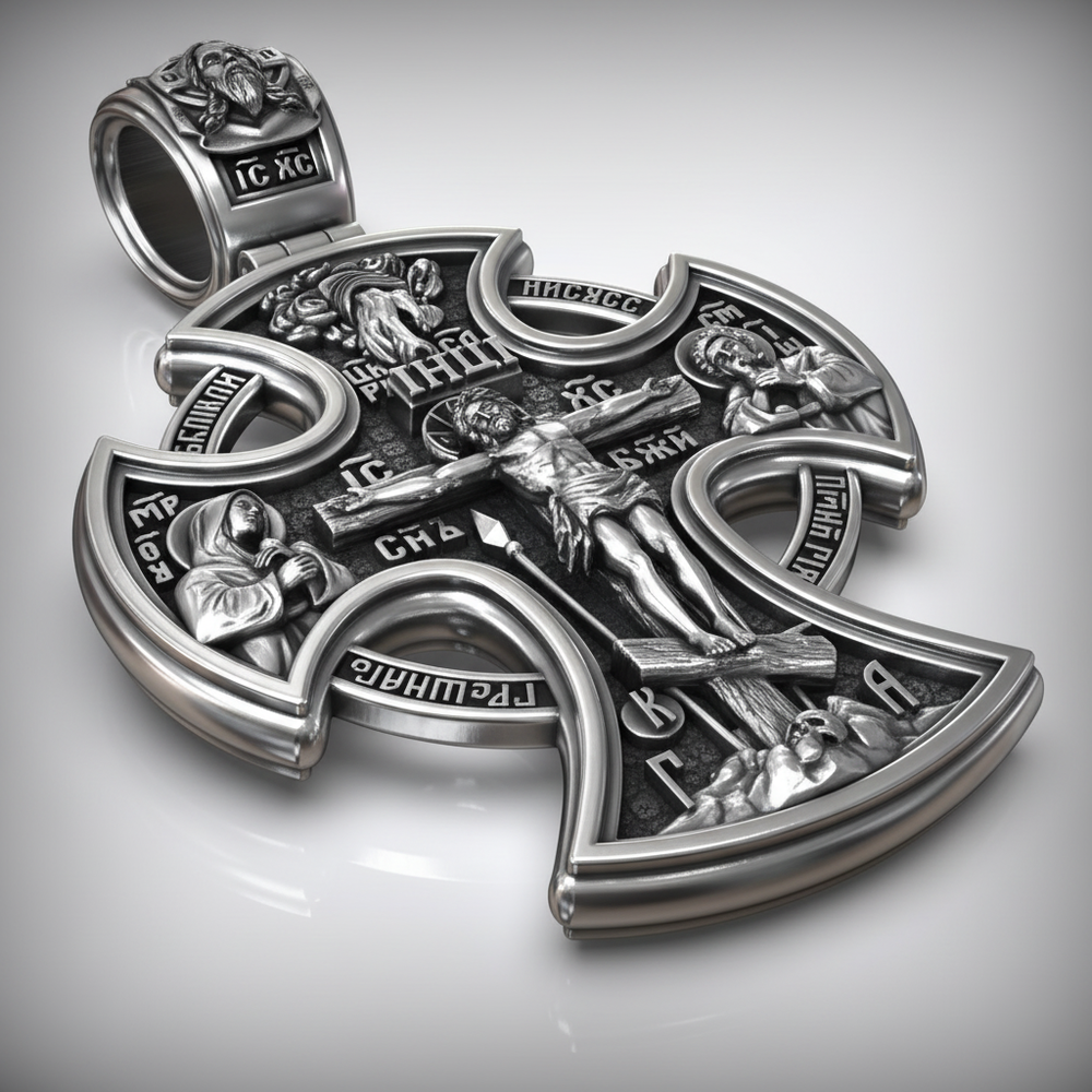 Double-sided S925k silver pendant depicting the Passion of Christ
