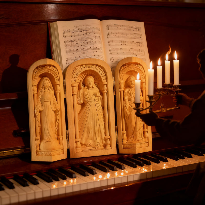 Hand-Carved Travel Triptych Altar: The Holy Family at Your Side